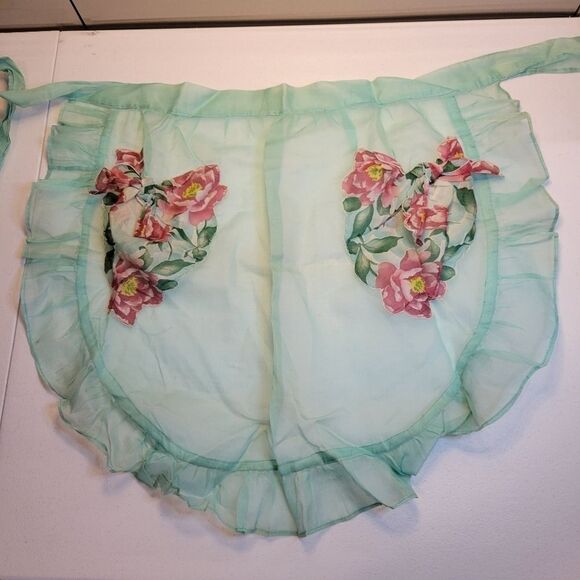 VINTAGE 50s Hostess Waist Apron Sheer Blue Sheer Ruffled - Picture 7 of 12